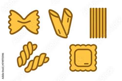 Assortment of Italian pasta shapes icons in yellow and brown outline style
