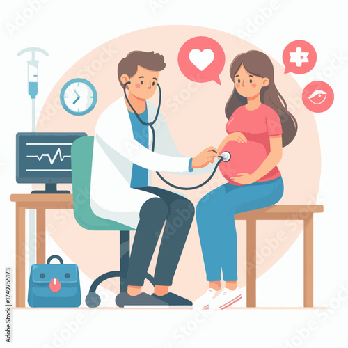A male doctor using a stethoscope to examine a pregnant woman's belly in a medical office, with health-related icons.