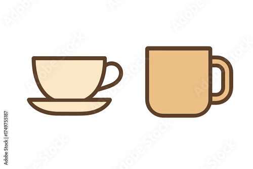 Collection of coffee cup and mug icons with saucer