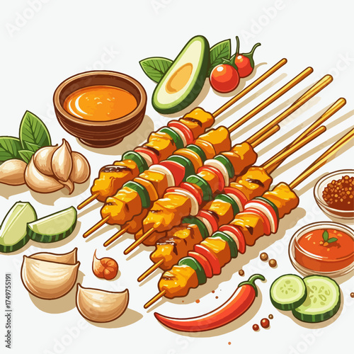 Delicious chicken and vegetable skewers with various dipping sauces and fresh ingredients like avocado, garlic, and chili peppers, presented on a white background.