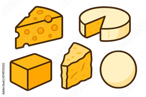 Assortment of different cheese types displayed in isometric view