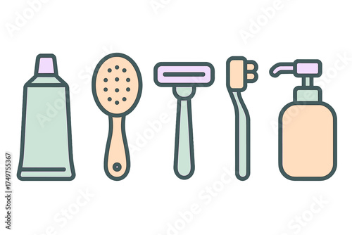 Set of personal hygiene and grooming items line icons