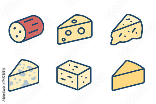 Six distinct cheese icons featuring block and wedge shapes