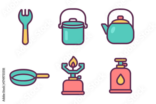 Camping cooking equipment icons featuring stove and essential utensils