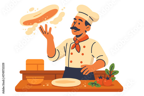 Skilled chef tossing fresh pizza dough above wooden counter with ingredients
