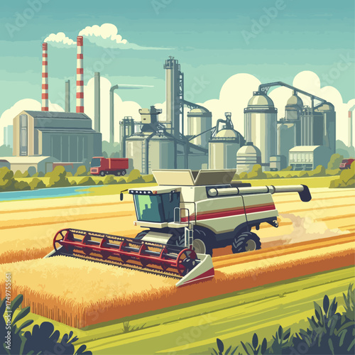 A combine harvester works in a golden wheat field with an industrial factory complex and silos in the background under a blue sky.