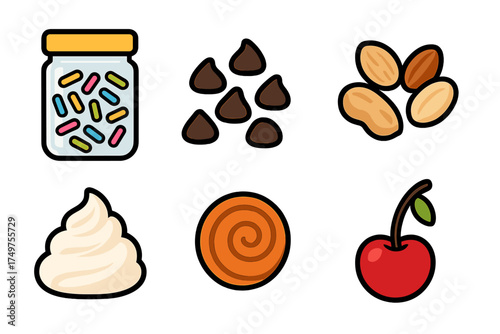 Assortment of dessert toppings icons: sprinkles, chocolate chips, nuts, and cherry