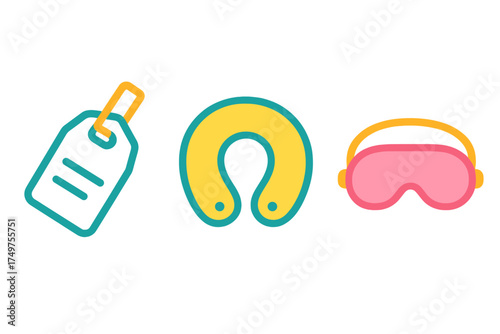 Set of travel accessories icons: luggage tag, neck pillow, and sleep mask