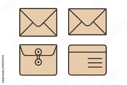 Four beige paper envelope icons with dark outlines for mail and correspondence