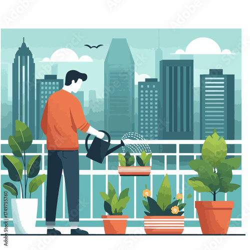 A man watering potted plants on a city balcony with a skyline view, illustrating urban gardening and a peaceful hobby.