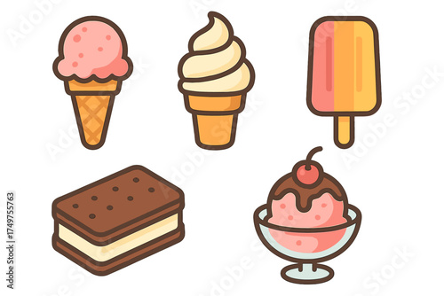 Collection of sweet frozen dessert icons featuring cones and popsicles