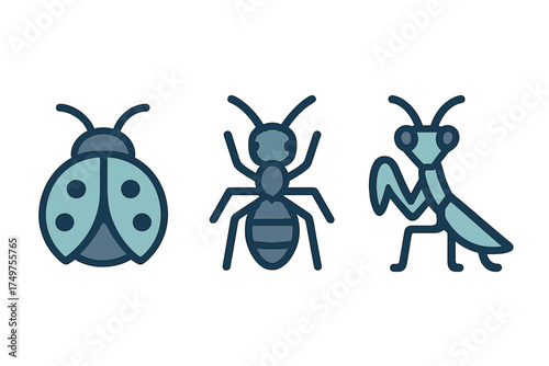 Stylized insect icons featuring ladybug ant and praying mantis