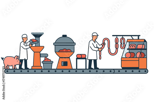 Meat processing factory workers operating sausage assembly line machinery