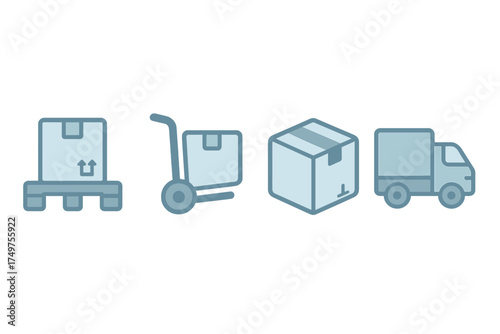 Set of logistics and shipping icons including pallet, hand truck, box, and delivery truck