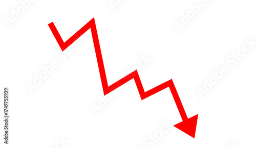 Red zigzag arrow pointing downward representing decline, loss, decrease, and negative trend for business, finance, and infographic design