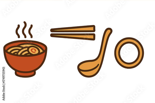 Steaming bowl of ramen noodles with chopsticks and ladle icon set