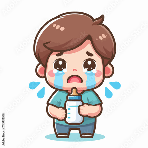 A sad cartoon boy holding a baby bottle and crying with tears streaming down his face.