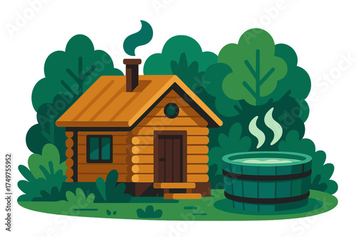 Wooden sauna cabin with outdoor hot tub surrounded by forest trees