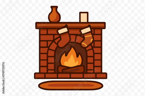 Brick fireplace with burning fire and hanging Christmas stockings