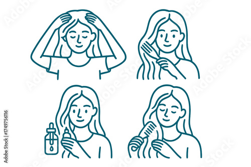 Sequential steps for woman's daily hair care routine with oil and comb