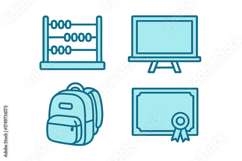Four educational and school supply icons: abacus, monitor, backpack, and diploma