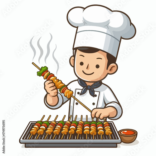 A cartoon illustration of a smiling male chef preparing and arranging grilled skewers on a wooden board with sauce.