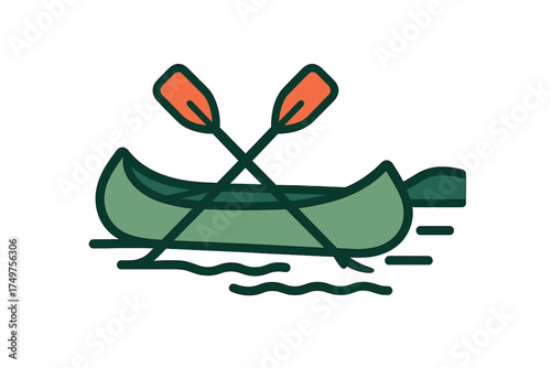 Green canoe with crossed paddles floating on stylized water icon