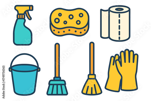 Colorful icons of essential household cleaning supplies and tools