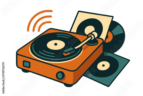 Retro turntable player spinning vinyl records with abstract sound waves