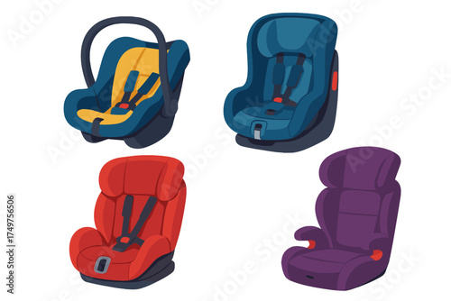 Four different types of automobile child safety seats for secure travel