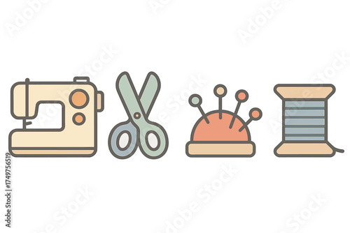 Set of sewing machine scissors pincushion and thread spool icons