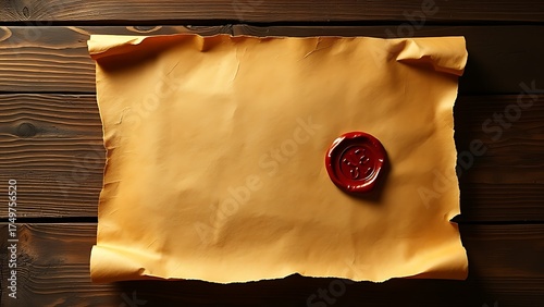 Ancient parchment scroll with wax seal, evoking historical documents on a rustic wooden surface.