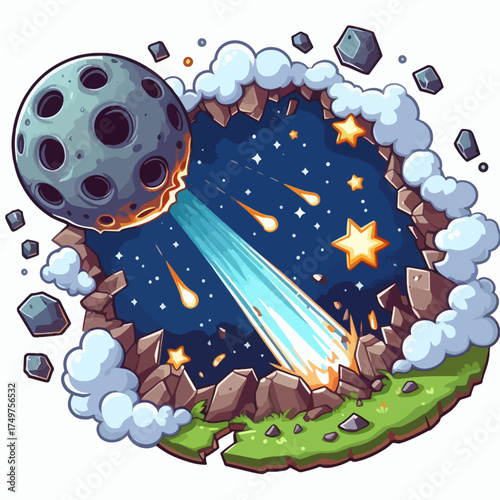 A cartoon illustration of a large moon-like object crashing into a planet, creating a fiery impact crater with stars and smaller meteors in space.