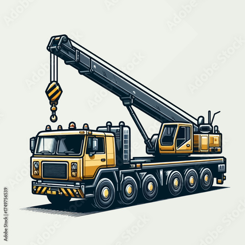 Detailed illustration of a yellow and black mobile crane truck with a long boom and hook, used for heavy lifting and construction.