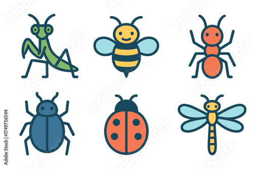 Six stylized insect icons: praying mantis, bee, ant, beetle, ladybug, and dragonfly