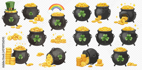 A collection of watercolor illustrations featuring black pots of gold coins with shamrocks, leprechaun hats, and rainbows, symbolizing St. Patrick's Day luck and treasure.