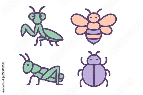 Four stylized insect icons: praying mantis, bee, grasshopper, and ladybug