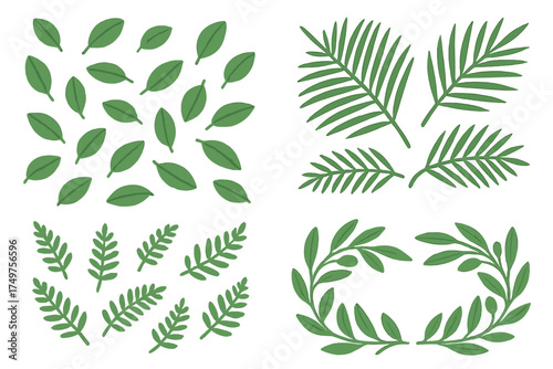 Assortment of green botanical leaves and foliage elements