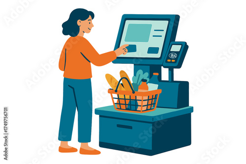 Smiling woman using modern self-service checkout kiosk with grocery basket