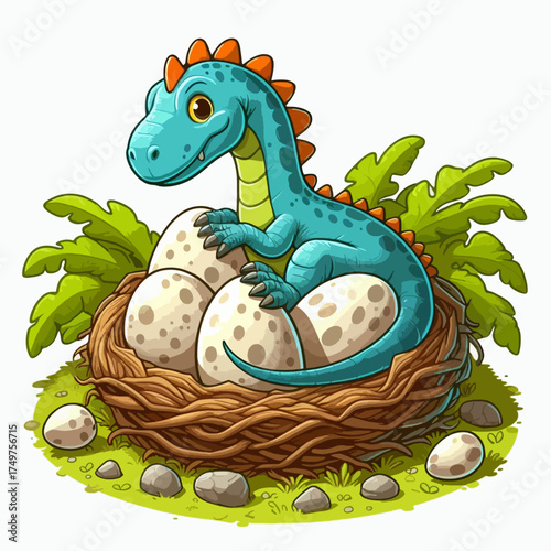 Cartoon dinosaur sitting in a nest with eggs, surrounded by greenery, in a whimsical illustration.