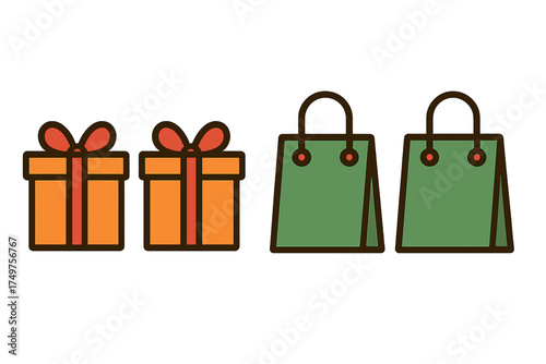 Collection of gift boxes and shopping bags icons in simple flat style