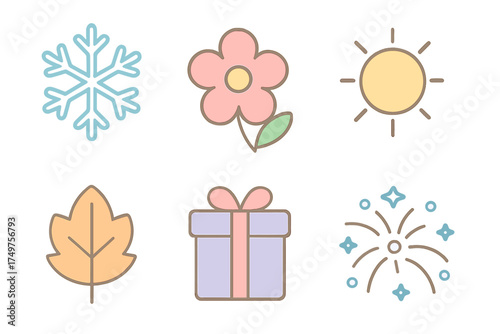 Six pastel icons depicting seasonal changes and festive events