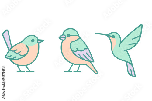 Three stylized cute birds including a hovering hummingbird icon