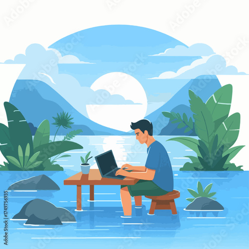 A man working on a laptop at a table submerged in water amidst a serene natural landscape with mountains and lush plants.