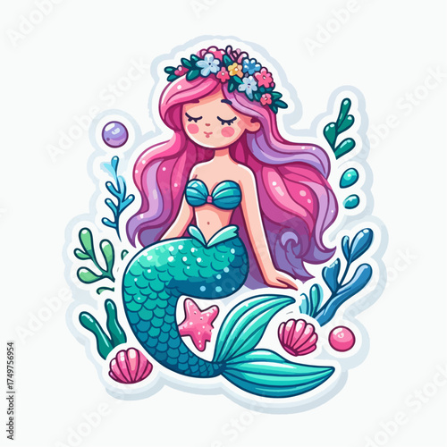 A charming illustration of a mermaid with pink hair, a flower crown, and a teal tail, surrounded by aquatic elements.