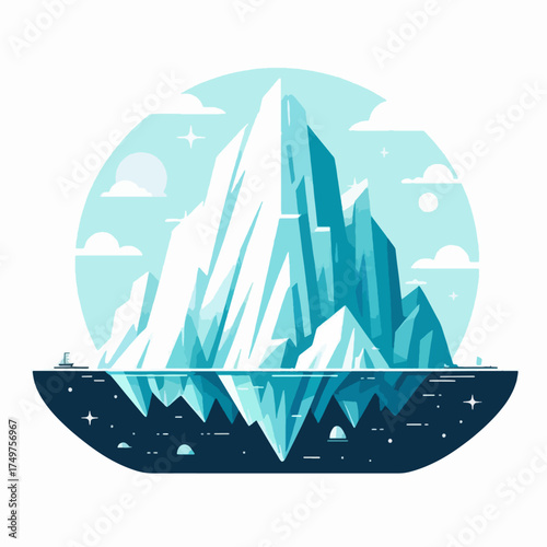 Illustration of a large iceberg with a visible underwater portion, set against a light blue sky.