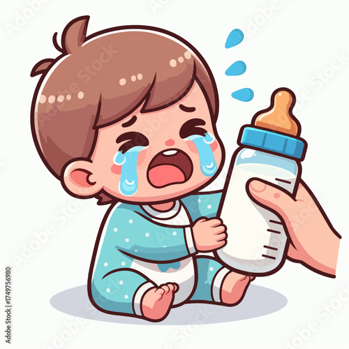 A crying baby in a blue onesie is reaching for a bottle of milk held by a hand.