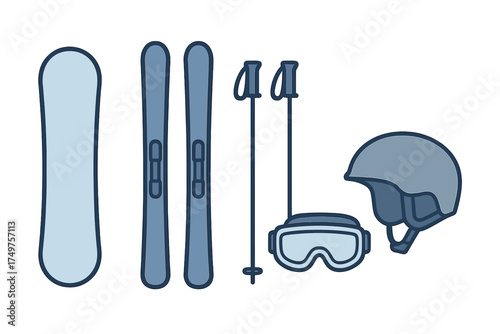 Snowboard and ski equipment collection featuring helmet and goggles