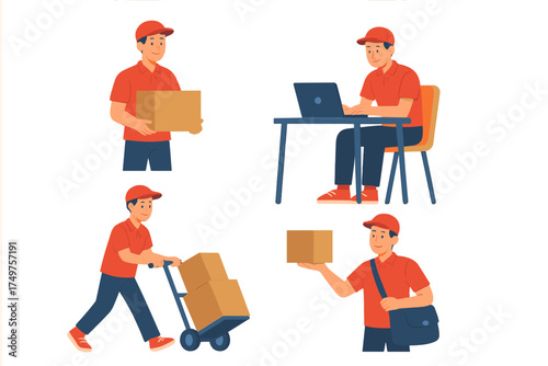 Delivery courier service worker handling packages and using a laptop