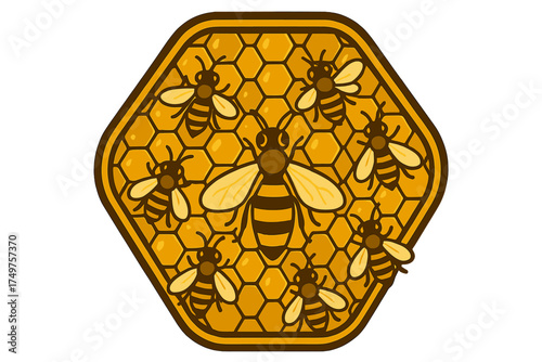 Queen bee surrounded by worker bees on honeycomb structure emblem